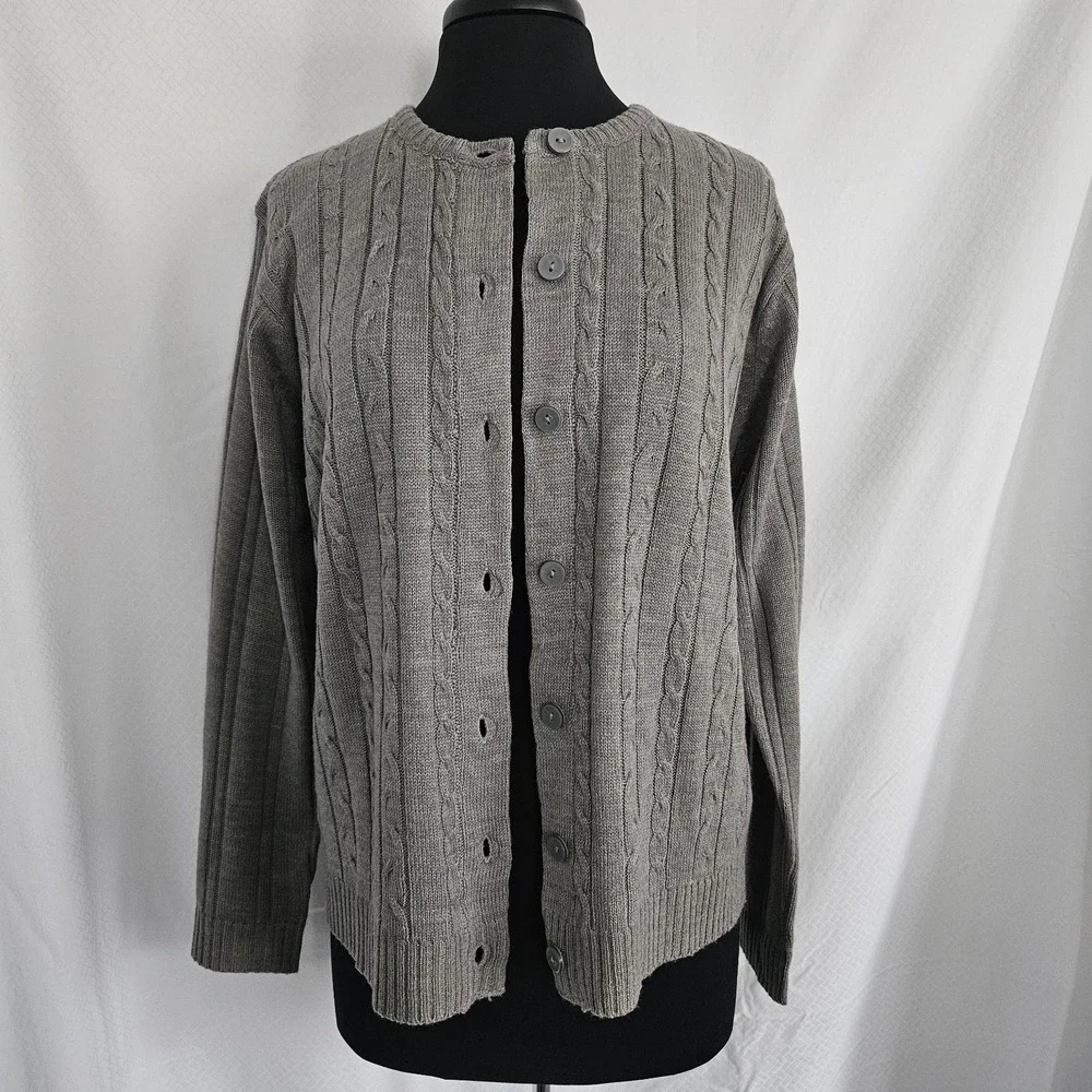 Womens Grey Cable Knit‎ Button Front Cardigan Sweater Large Layering Minimalist